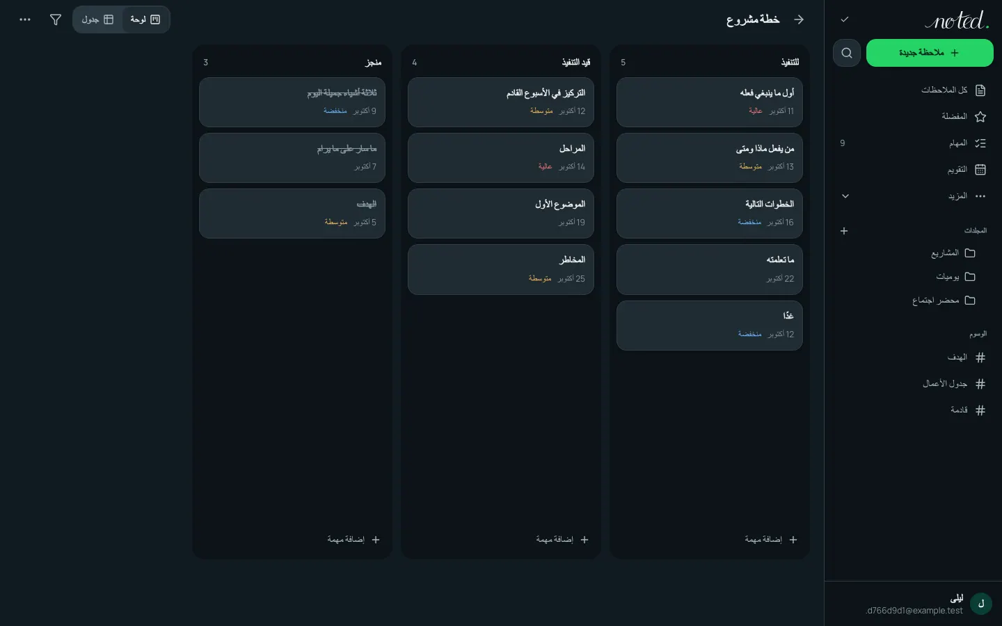 لوحة مشروع فيها مهام موزعة على أعمدة