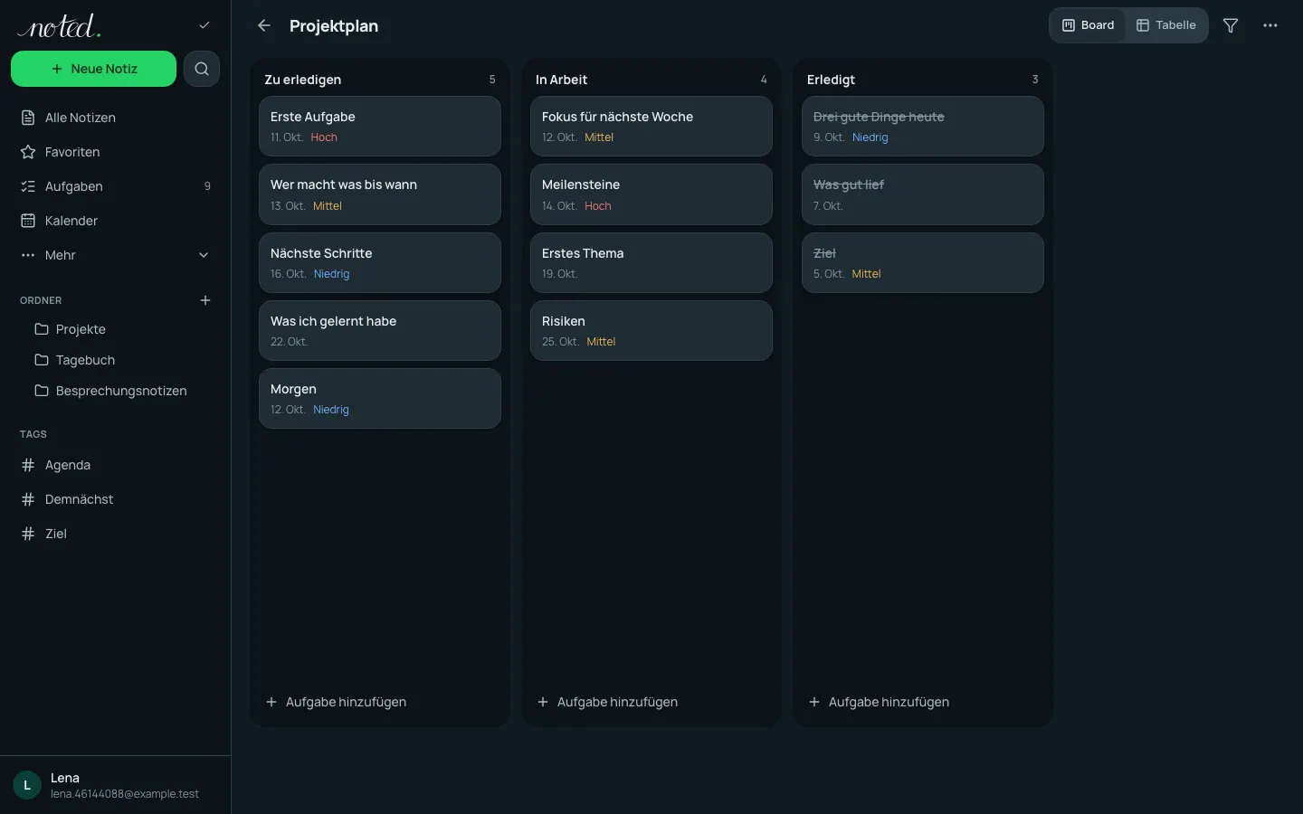 Ein Projektboard mit Aufgaben in Spalten