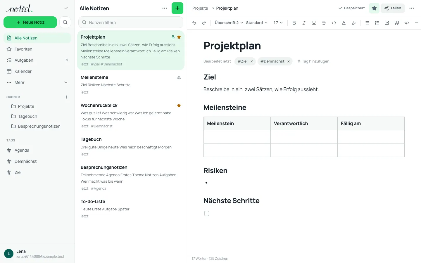 Der noted.-Editor mit einer geöffneten Notiz neben der Ordnerliste