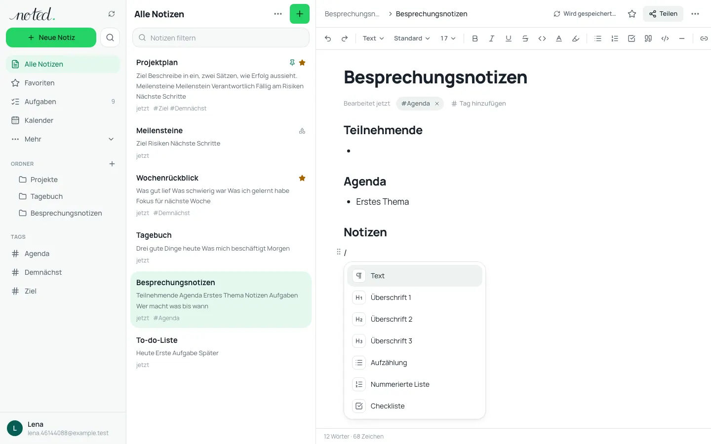 Das Schrägstrich-Menü im Editor mit einfügbaren Blöcken