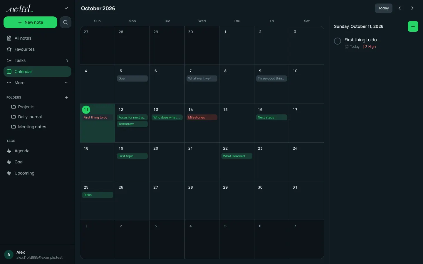 The calendar with tasks and reminders across a month