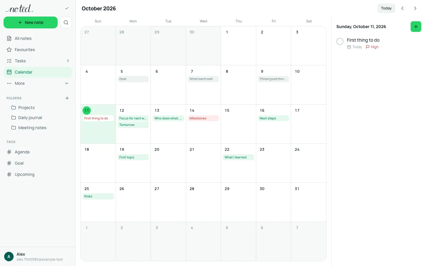 The calendar with tasks and reminders across a month