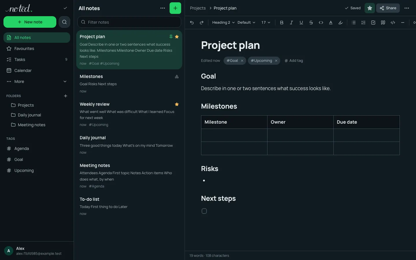 The noted. editor with a note open next to the folder list