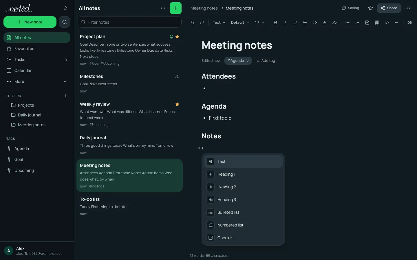 The slash menu in the editor, listing blocks to insert