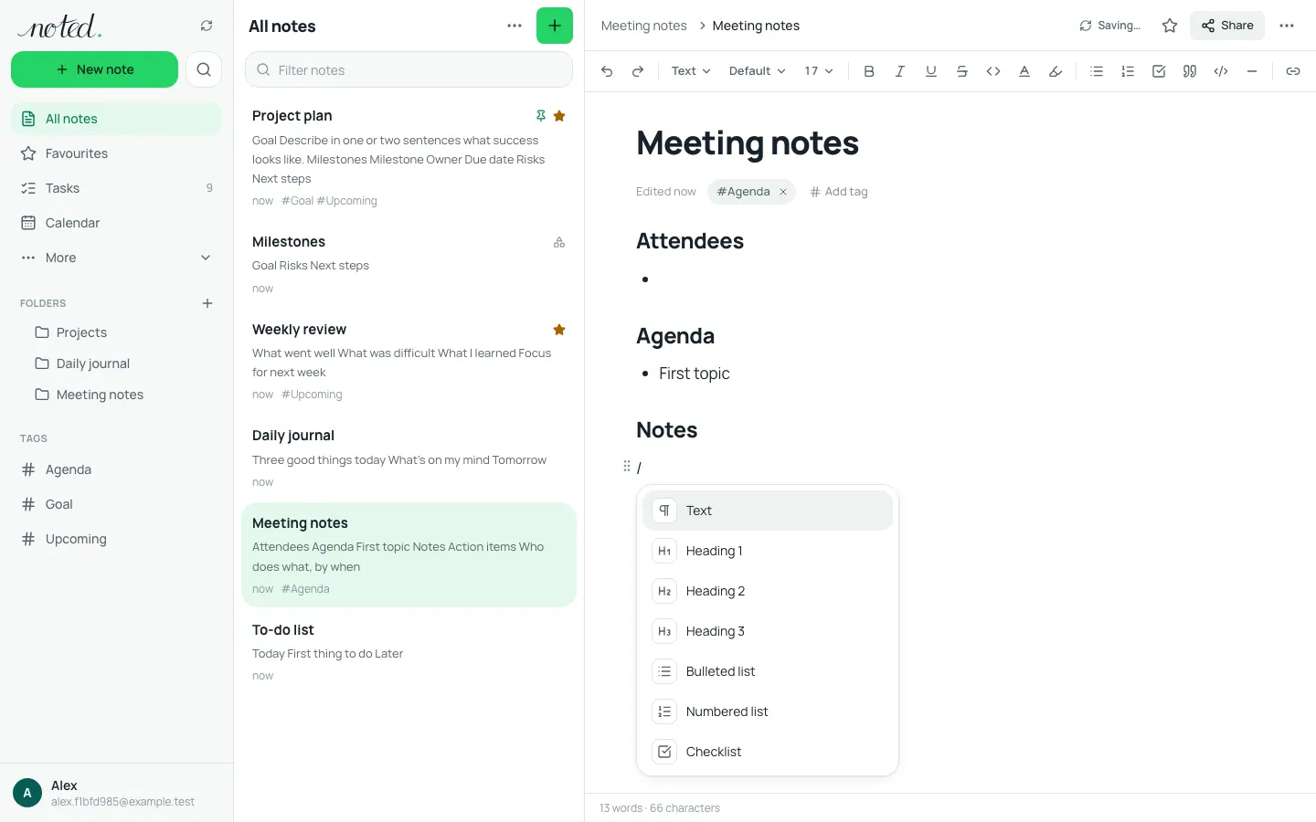 The slash menu in the editor, listing blocks to insert