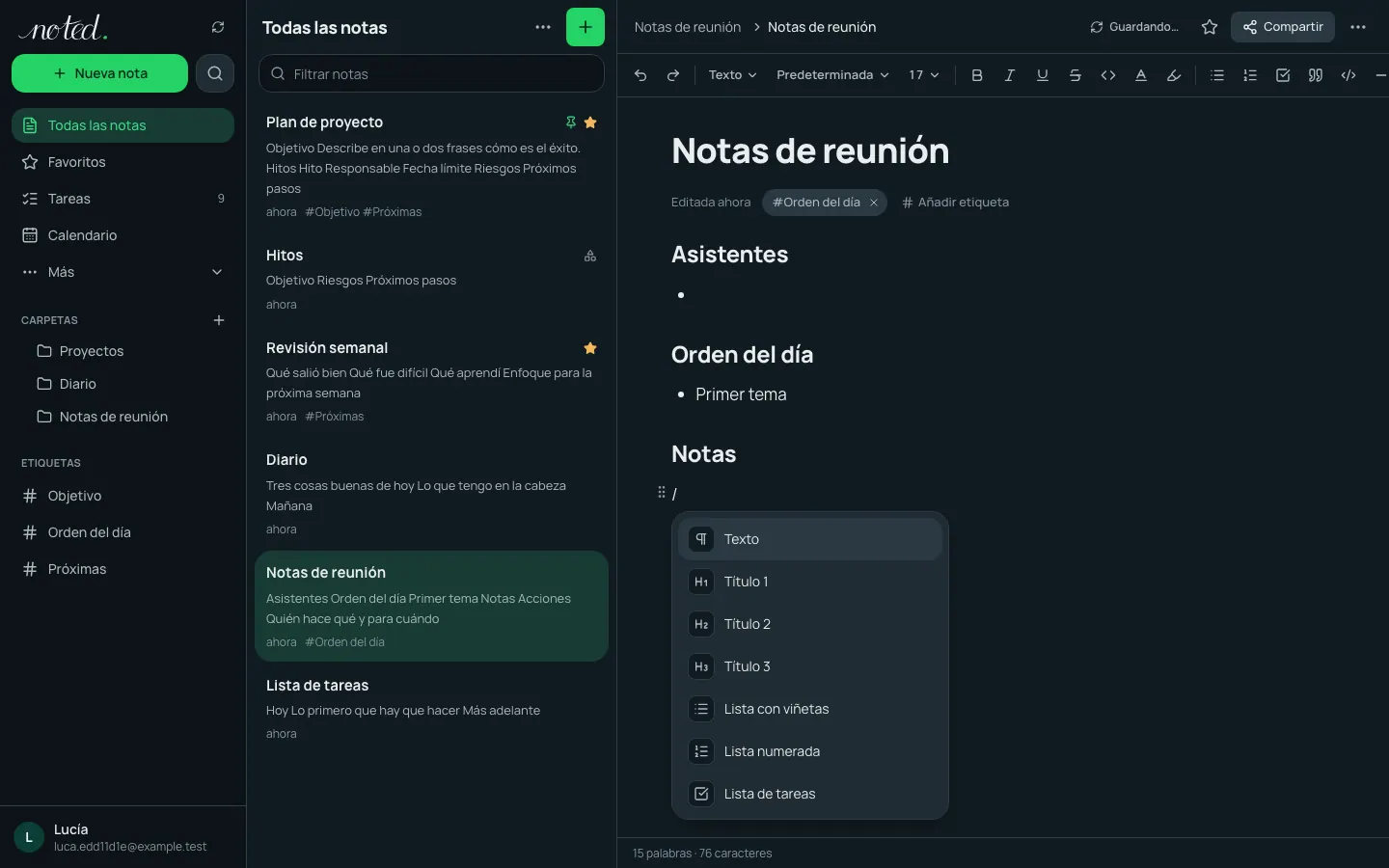 El menú de barra del editor con los bloques que se pueden insertar