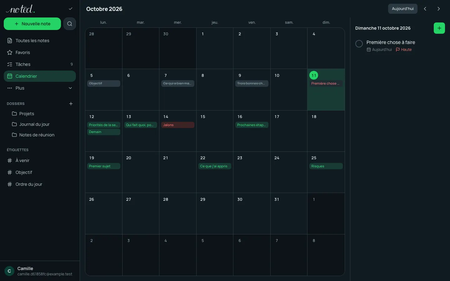 Le calendrier avec les tâches et les rappels d'un mois