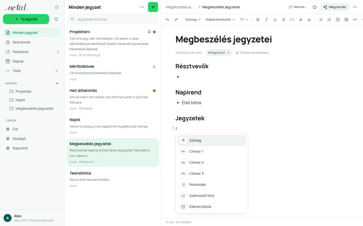 A szerkesztő perjel-menüje a beszúrható blokkokkal