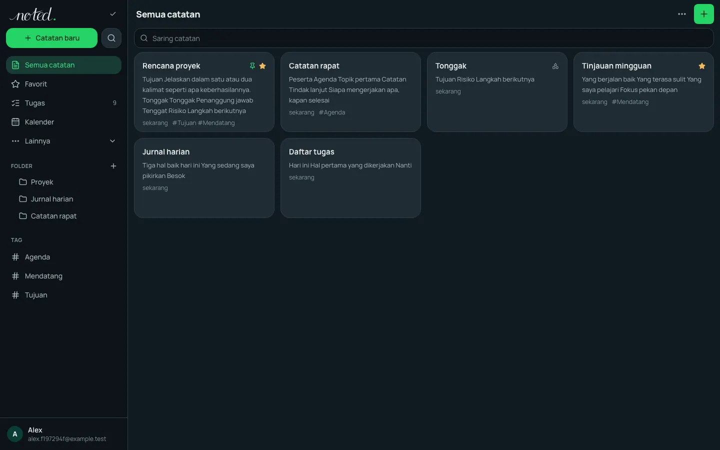 Catatan yang tertata dalam folder dengan tag dan tampilan galeri