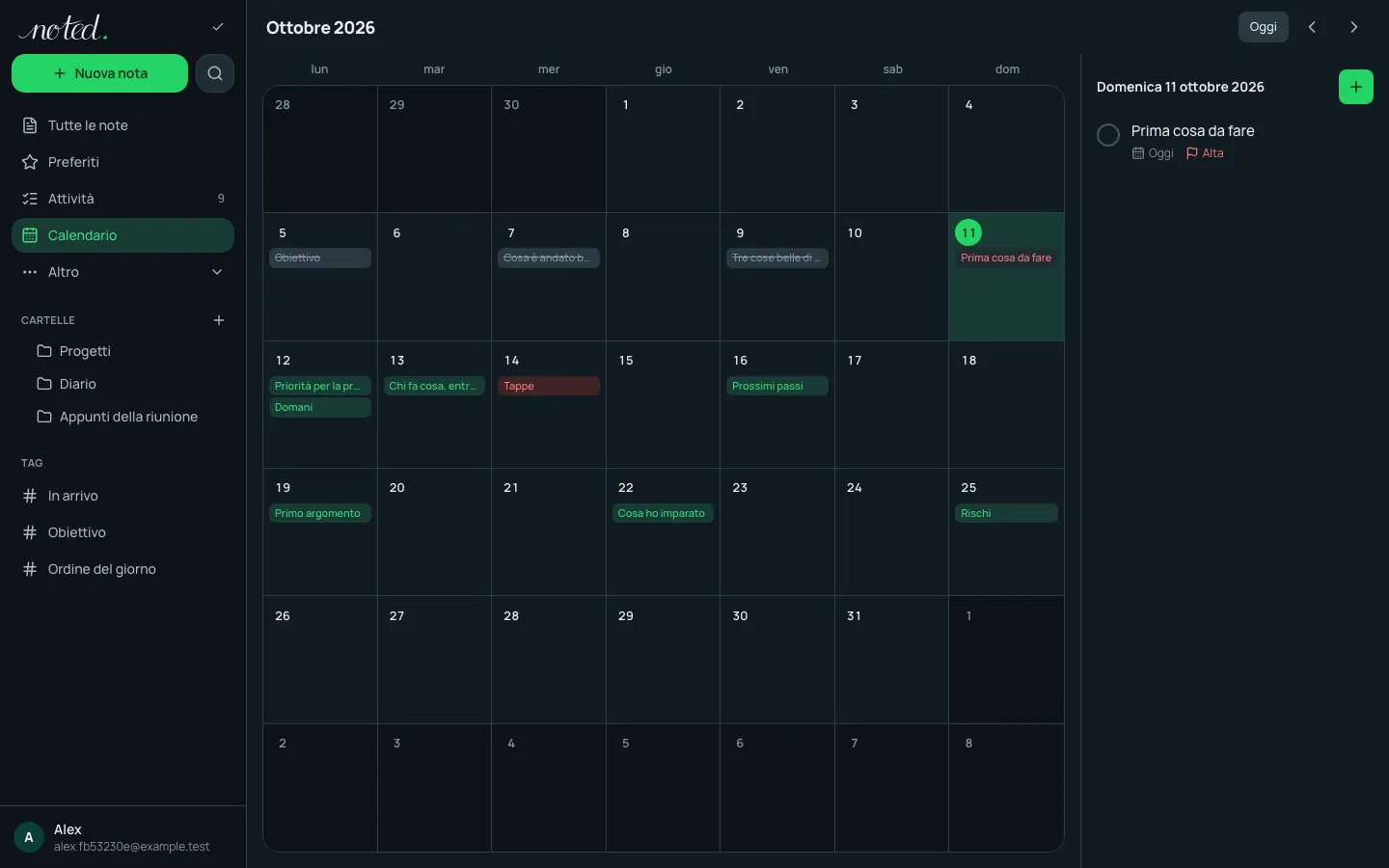 Il calendario con attività e promemoria di un mese