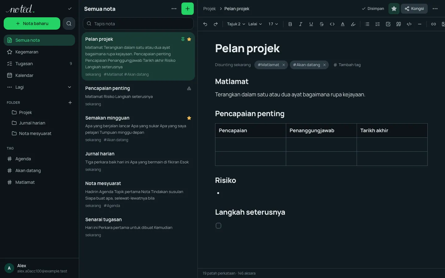 Editor noted. dengan satu nota dibuka di sebelah senarai folder