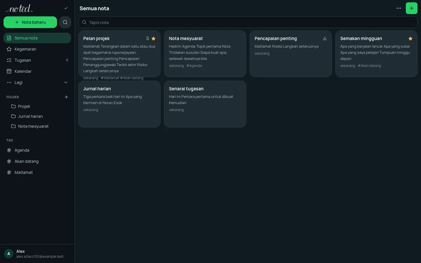 Nota yang tersusun dalam folder dengan tag dan paparan galeri