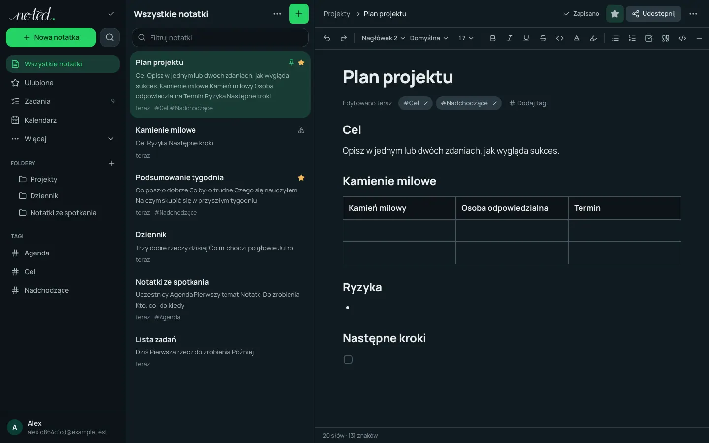 Edytor noted. z otwartą notatką obok listy folderów
