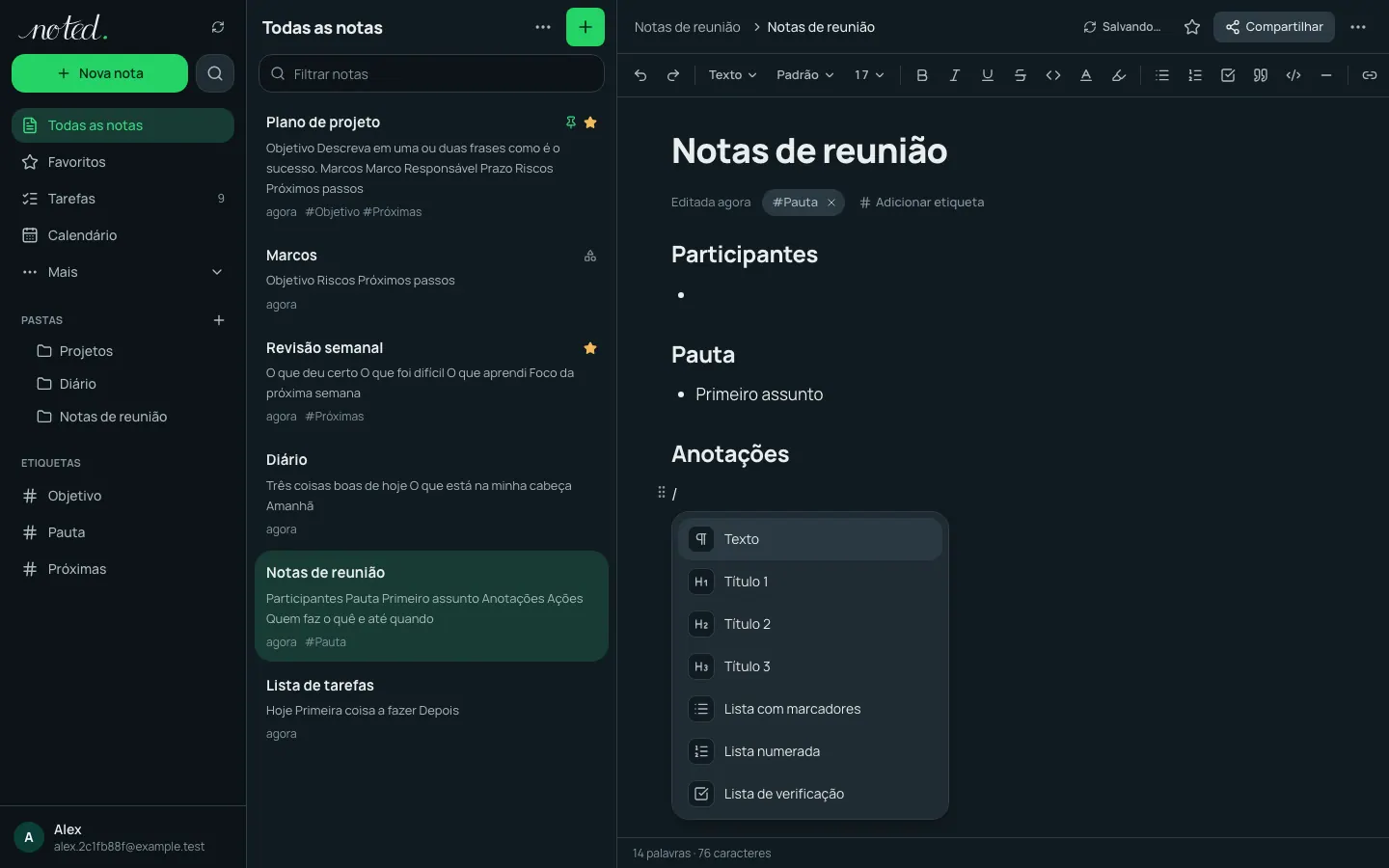 O menu de barra do editor, com os blocos que podem ser inseridos