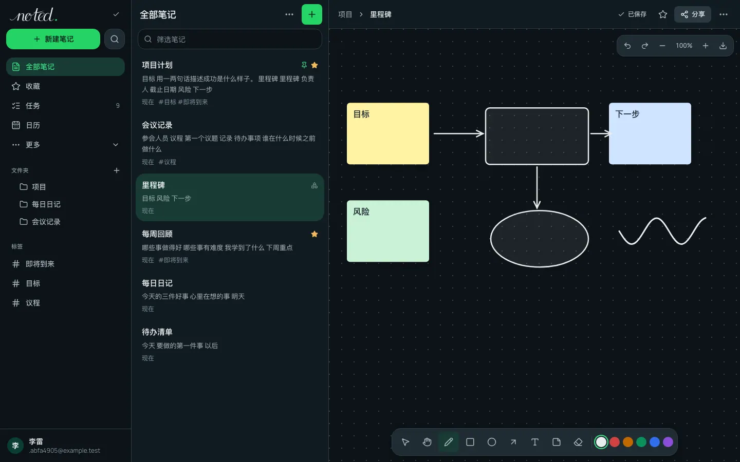 带有便签、形状和箭头的白板